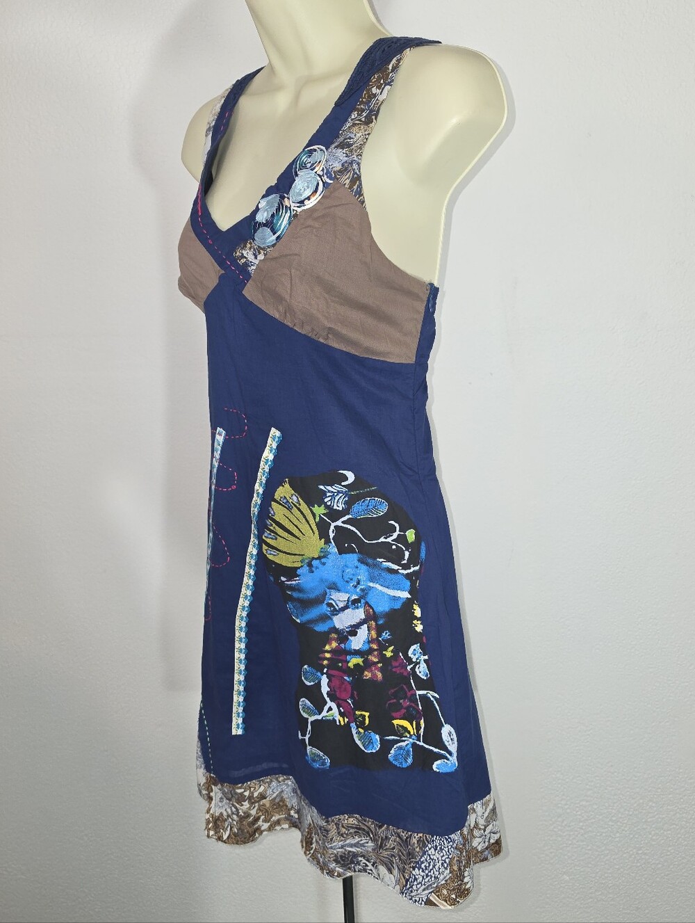 Toi Et Moi Dress Floral Embroidered Sleeveless Boho Patchwork Blue Size S - Picture 7 of 13